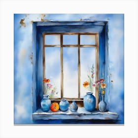 Blue wall. Open window. From inside an old-style room. Silver in the middle. There are several small pottery jars next to the window. There are flowers in the jars Spring oil colors. Wall painting.48 Canvas Print