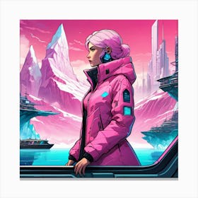 Woman in down jacket riding a boat, polar region, iceberg, cyberpunk Canvas Print