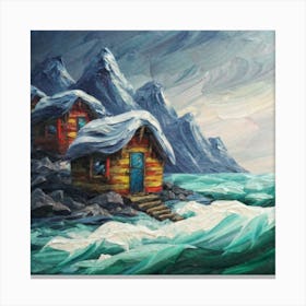 Acrylic and impasto pattern, mountain village, sea waves, log cabin, high definition, detailed geometric 9 Canvas Print