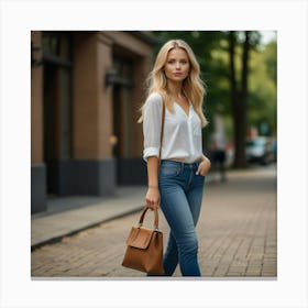 Woman In Jeans And White Shirt Canvas Print