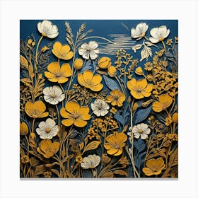 Linocut Flower Meadow Mustard Blue Art Print Canvas Print