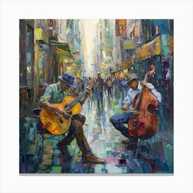 Two Musicians In The Rain Canvas Print