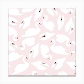 White Swan Pattern On Pink Square Canvas Print