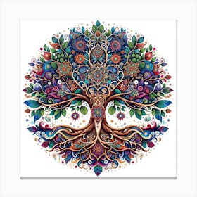 "Kaleidoscopic Canopy: The Mystical Tree of Wonders" - This artwork is a dazzling celebration of life and nature, where each leaf and branch of the Tree of Life is adorned with intricate, mandala-inspired patterns, bursting with a vibrant spectrum of colors. This visual feast signifies the interconnectedness of all beings and the pulsating energy of the natural world. Perfect for those who appreciate a blend of cultural symbolism and enchanting artistry, this piece is designed to be a mesmerizing focal point, inviting viewers to lose themselves in the details and find inspiration in the beauty of diversity. Canvas Print