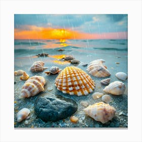 Seashells On Sand Under Sunset With Gentle Rain 2 Canvas Print