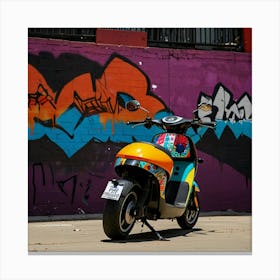 Colorful Scooter Parked In Front Of Graffiti Wall Canvas Print