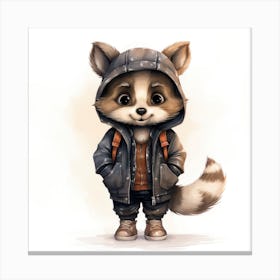 Watercolour Cartoon Raccoon In A Hoodie 1 Canvas Print
