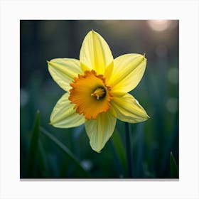 A Radiant Daffodil With Petals Of Cascading, Neon Light Blooming In A Dreamlike Meadow Canvas Print