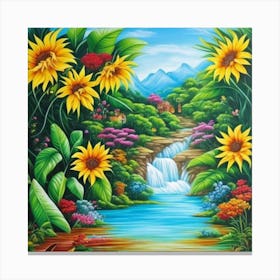 Sunflowers By The Waterfall Canvas Print