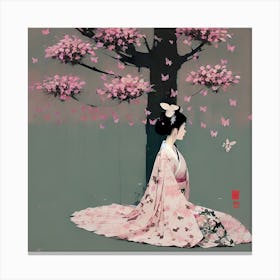 Geisha Under A Cherry Tree Canvas Print