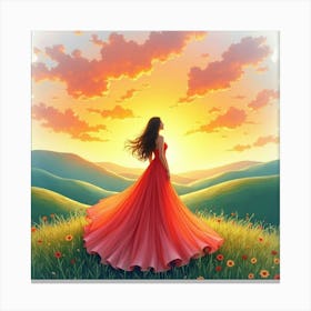 Radiant Dress Watercolor, With A Bright Sunset Over The Hills 1 Canvas Print