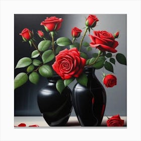 Red Roses In Black Vases Canvas Print