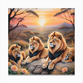 Lions Seated Dominantly In The Foreground Their Golden Manes Glowing  Canvas Print