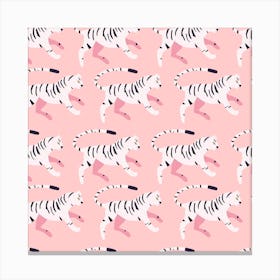 White Tiger Pattern On Pink Square Canvas Print