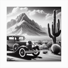 Vintage Car: A Realistic and Detailed Black and White Photograph of a Vintage Car in the Desert Canvas Print