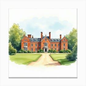 Watercolor Illustration Of The Bletchley Park In Buckinghamshire, Showcasing Its Historic Design And Tranquil Setting Canvas Print