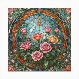 A close up of a stained glass window with flowers, Pink Roses Canvas Print