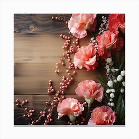 Pink Carnations On Wooden Background 2 Canvas Print