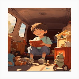 Boy Reading In A Van Canvas Print