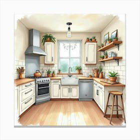 Watercolor Painting Of A Charming, Inviting Kitchen 1 Canvas Print