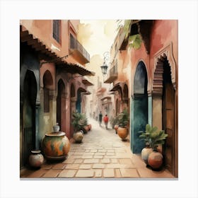 Street In Morocco, Marrakech Watercolor City Canvas Print