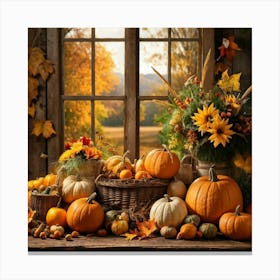 Autumn Harvest Celebration Captured In A Rustic Farmhouse Setting Pumpkins And Various Gourds Offer (1) Canvas Print