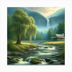 Cabin With Mountain View Waterfall Canvas Print