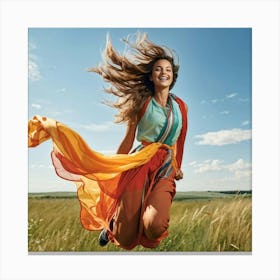 A Youthful Female Exuding Vitality Engaged In Jumping With Unrestrained Joy Sporting Healthy Slim (7) Canvas Print