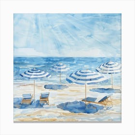 Blue Umbrellas On The Beach 4 Canvas Print