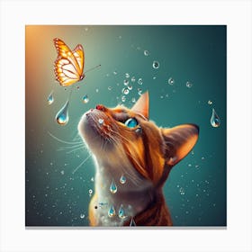 Cat With Butterfly and rain waterdrops Canvas Print