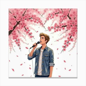 Watercolor Of Justin Bieber Singing Under Cherry Blossoms In Full Bloom Canvas Print