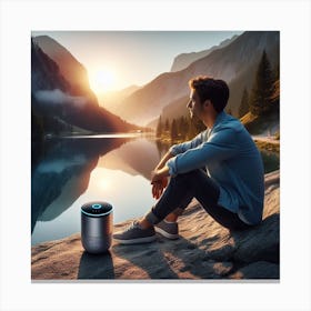 Man Sitting On A Rock Next To A Lake Canvas Print