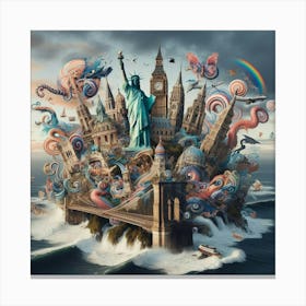 Surreal Digital Collage Merging Iconic Landmarks From Around The World With Whimsical Elements, Style Digital Surrealism 1 Canvas Print