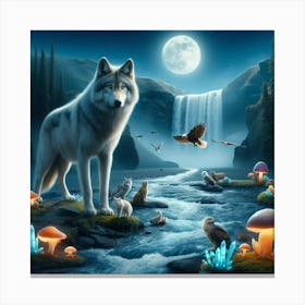 Wolf on the Mushroom Crystal Riverbank 2 Canvas Print