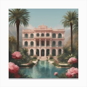 Pink House With Palm Trees Canvas Print