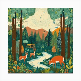 Art Drawing Forest Scene Folk Art Style Inspired B (4) Canvas Print