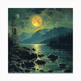 Moonlight Over Lake, oil painting Canvas Print