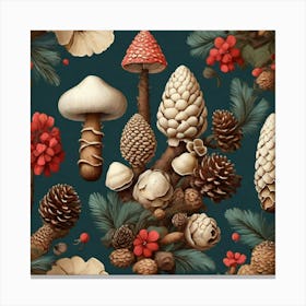 Aesthetic style, pine cones and mushrooms pattern Canvas Print