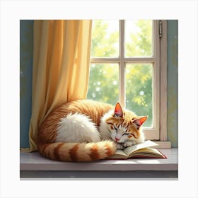 A Turkish Angora Cat Curled Up In A Sunlit Window With A Book, Watercolor 1 Canvas Print