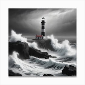 A Monochromatic Seascape Featuring A Rugged Coastline And A Solitary Lighthouse Standing Tall Against The Crashing Waves Canvas Print