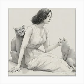 Woman With Cats Pencil Drawing Canvas Print