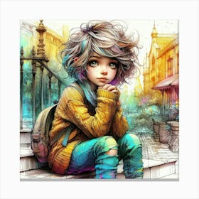 Little Girl Sitting On Steps Canvas Print
