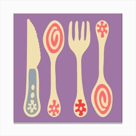 CUTLERY Pop Art Utensils Knife Spoon Fork in Vintage Retro Lavender Pink Red on Purple Kitchen Canvas Print