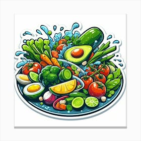 A Plate Of Food And Vegetables Sticker Top Splashing Water View Food Canvas Print