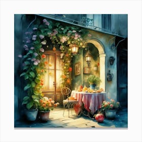 Quiet and attractive dining nook, overgrown flowers, high quality, detailed, highly 3D, elegant carved cart, 3 Canvas Print
