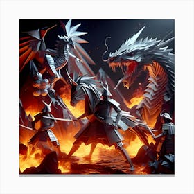 Depict Imaginative Scene Of Origami Samurai Warriors And Dragons Sculpted From Silvery Metal Sheets In Fiery Volcanic Settings Highlighted By Dynamic Folds And Lighting 3 Canvas Print