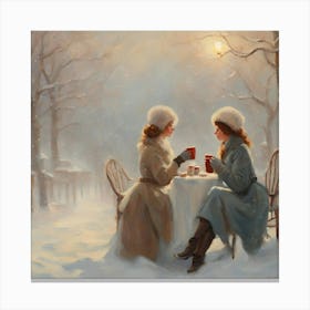 Two Women Drinking Coffee In The Snow 1 Canvas Print