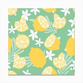 Lemon Pattern On Green With Flowers And Florals Square Canvas Print