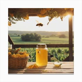 Honey Bees On A Wooden Table Canvas Print