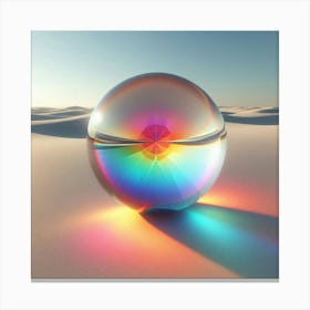 A Single Reflected Rainbow Neon Color Crystal Spheres In The Distance, Wide, Open Desert With White Sand, Minimal, 3d Abstract, Bright Studio Light Canvas Print